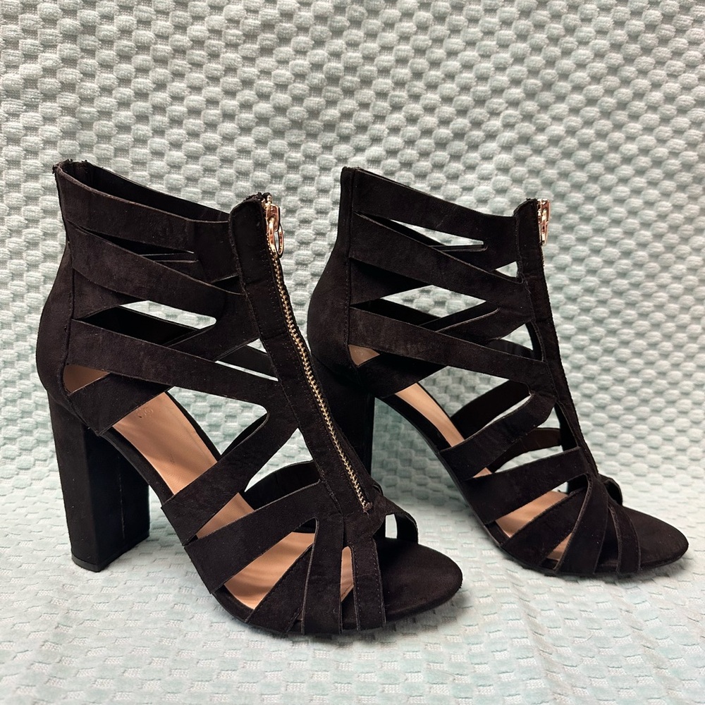 Charlotte Russe Black Strappy Block Heel Sandals with Front Zip